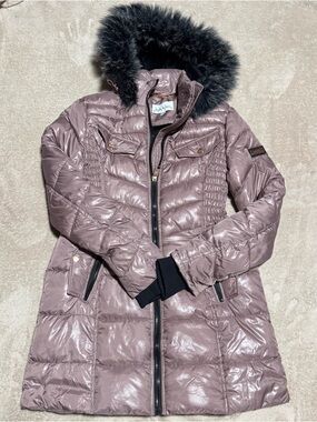 Nicole Miller Shiny Mauve Quilted Puffer Coat with Faux Fur Hood